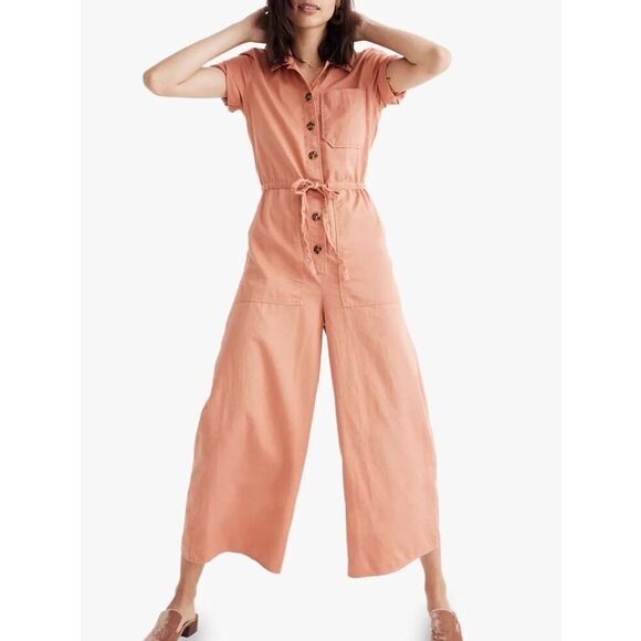 Madewell Utility Crop Jumpsuit Dried Coral Pink Womens 2 Wide-Leg Short Sleeve - Picture 10 of 12